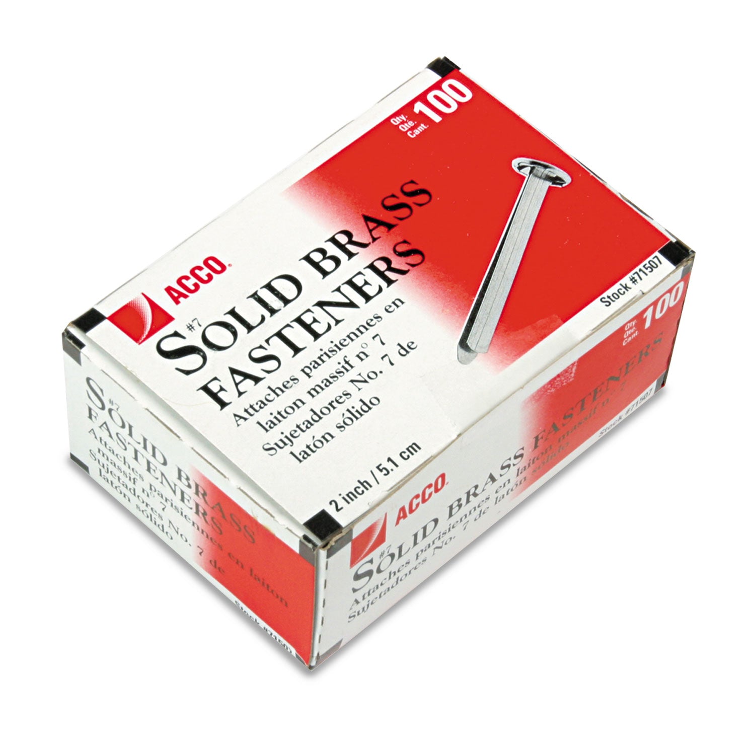 ACCO #7 Brass Prong Paper Fasteners - 2 Capacity, 100 Pieces per Box - Ideal for Office Documents, School Projects & Crafting
