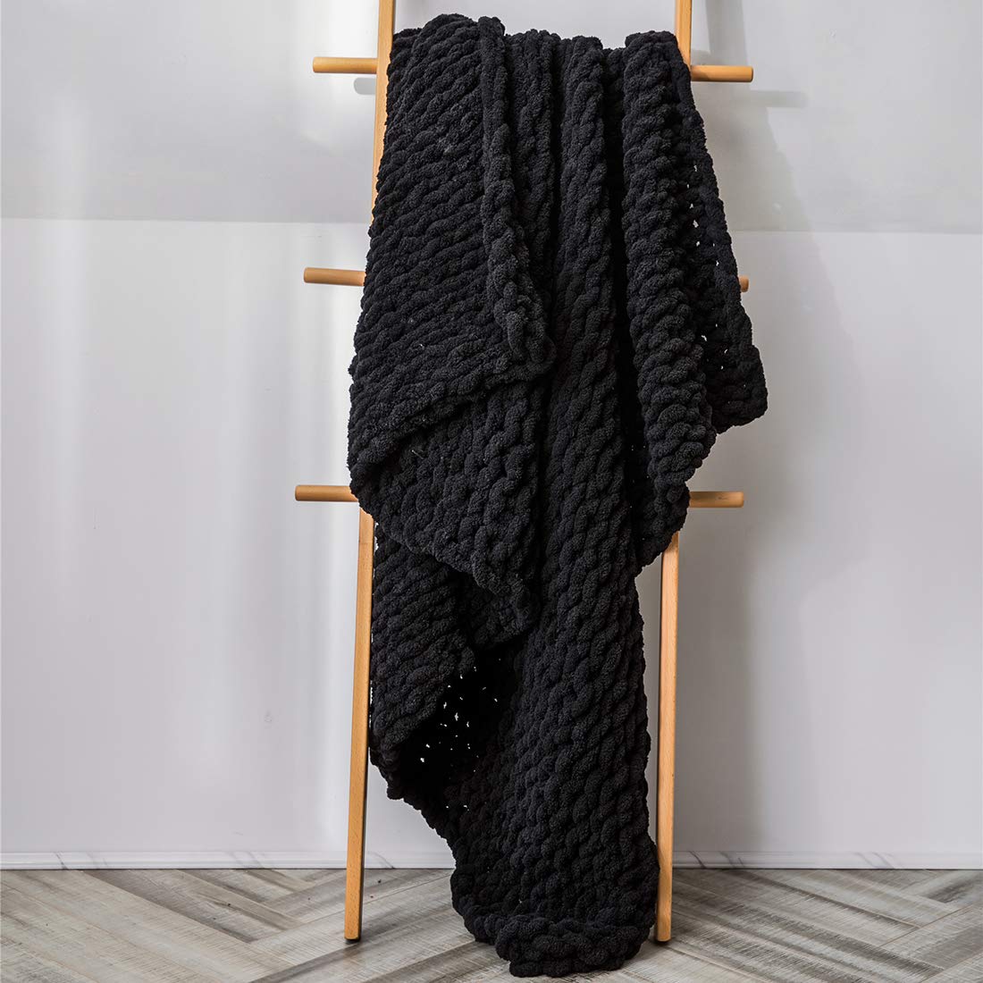 Vctops Boho Chenille Chunky Knit Throw Blanket - Super Soft & Warm Hand-Knit Blanket for Couch, Bed, Sofa & Chair - Cozy Home Decor for Winter Nights & Relaxation (Black, 31