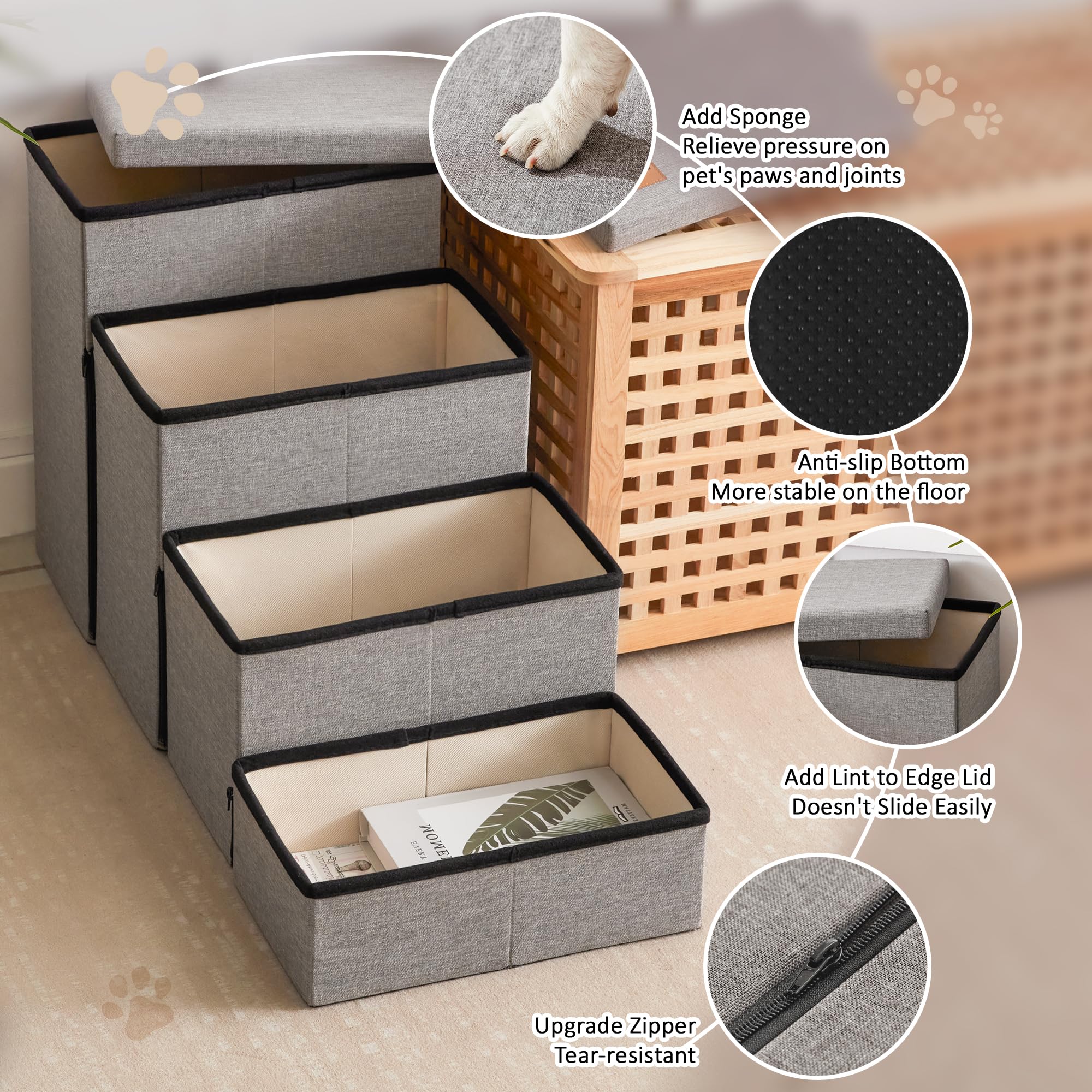 Foldable Dog Stairs for Small, Medium & Large Dogs - 4-Step Adjustable Pet Steps with Storage, Supports Up to 210 lbs | Solid Grey Folding Ramp for Bed, Couch & Sofa Access | Perfect for Elderly Pets & Post-Surgery Recovery