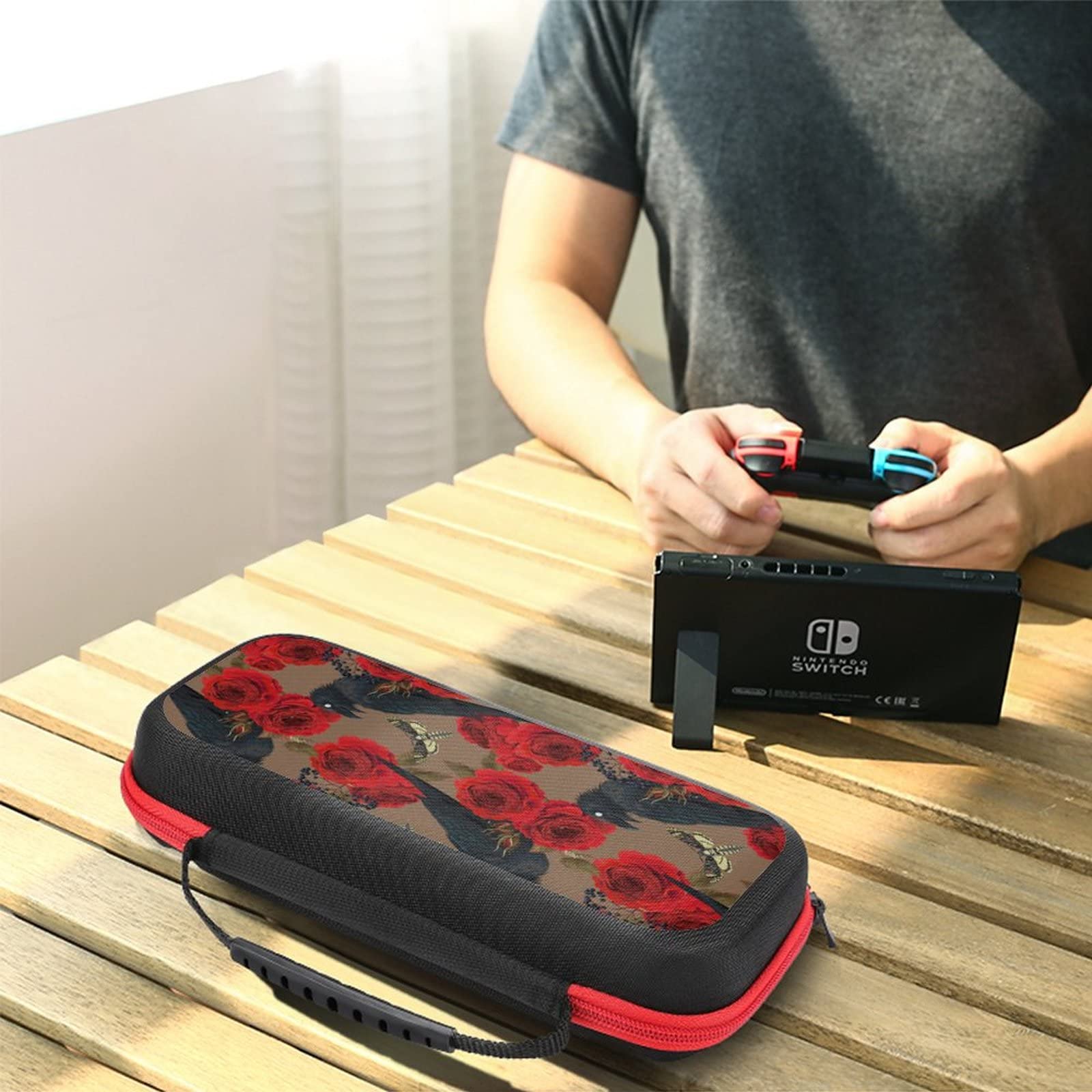 FunnyStar Raven Hawk Moths and Roses Carrying Case - Protective Shell Storage Handbag for Nintendo Switch - Perfect for Travel, Commuting & Gaming On-The-Go