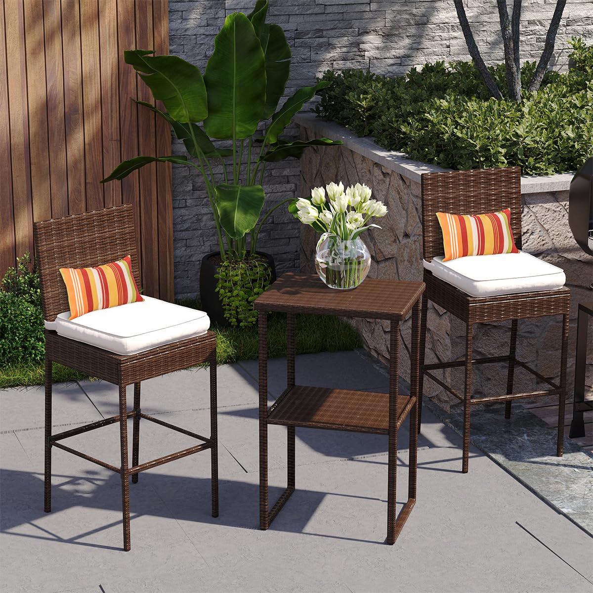 Sundale Outdoor Wicker Bar Stool Set of 4 - 30 Inch Rattan Counter Height Stools with Backrest & Beige Cushions - Brown Steel Frame Patio Furniture for Poolside, Deck, or Outdoor Dining Areas