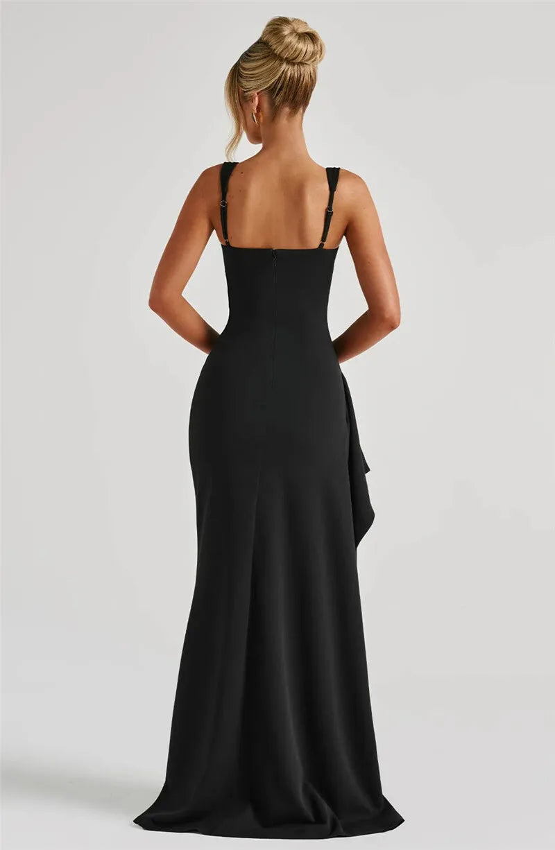 Sexy Black Backless Maxi Dress for Women - Spaghetti Strap Sleeveless Evening Gown with Thigh High Split | Perfect for Club Nights, Parties & Special Occasions