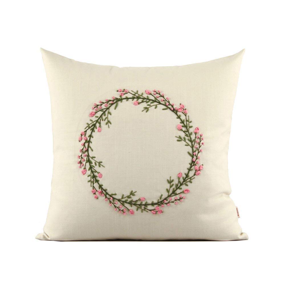 Farmhouse Ribbon Embroidery Wreath Throw Pillow Covers - 18x18 inches (45x45cm) Cotton Cushion Covers for Spring Summer Home Décor - Perfect for Sofa, Bedroom, and Porch Decorations