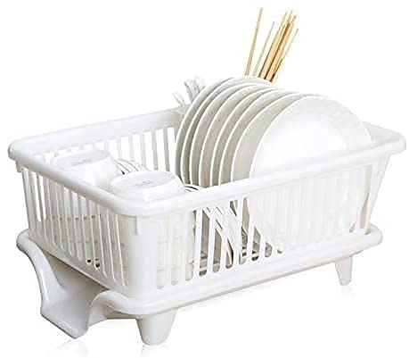 HAKKU 3-in-1 Plastic Kitchen Sink Set - Large Dish Drying Rack with Drainer & Storage Tray | Space-Saving Dish Organizer, Utensil Holder & Washing Basket | Perfect for Small Kitchens, Apartments & RVs