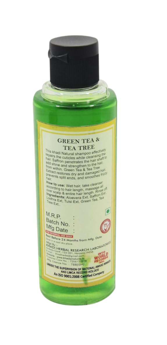Khadi Natural Herbal Green Tea & Tea Tree Shampoo 210ml - Organic Scalp Care for Healthy Hair Growth - Sulfate Free, Paraben Free - Refreshing Daily Use for Dry, Itchy Scalp - Perfect for Men & Women