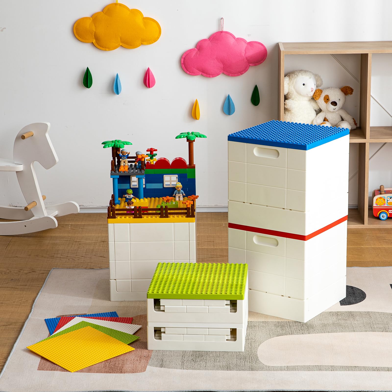 SHIMOYAMA 26 Qt Folding Storage Box with Building Baseplate Lid - Collapsible Toy Organizer for Duplo Blocks & Mega Bloks - 25L Kids Bricks Storage Bin (Yellow) - Perfect for Playroom Organization & LEGO Storage Solutions