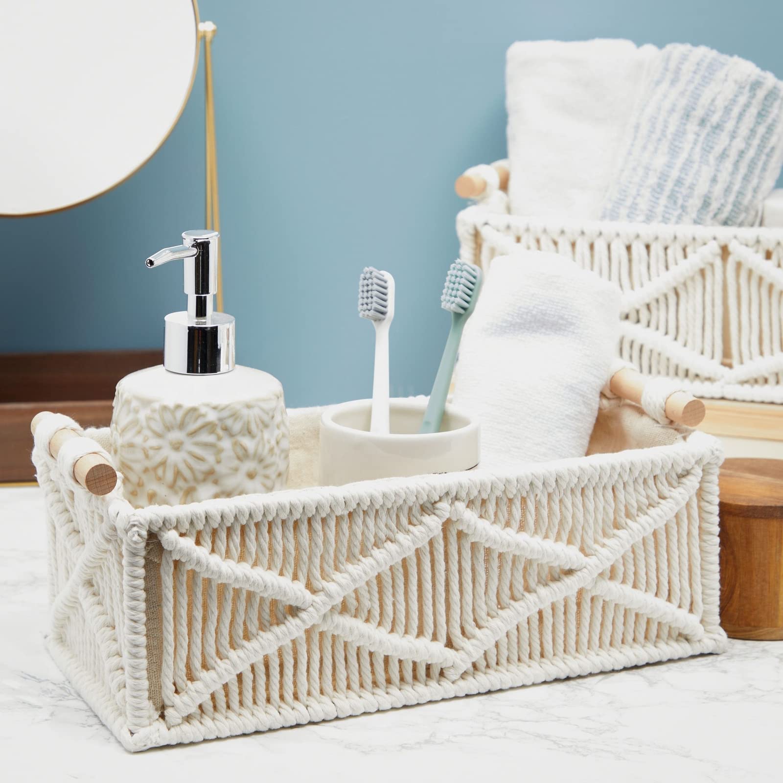 Okuna Outpost Set of 2 Macrame Storage Baskets with Wood Handles - Woven Home Decor Organizer Bins for Bedroom, Bathroom & Nursery (Ivory)
