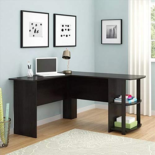 L-Shaped Computer Desk with Bookshelves - Dark Brown Wood Office Corner Study Table for Home & Office Workspace
