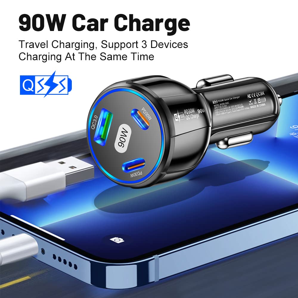 90W Super Fast USB C Car Charger - Dual PD 30W + QC3.0 Ports, 3-in-1 Charging Station with LED Display for iPhone 15/14/13/12 Pro, iPad, MacBook Pro, Samsung Galaxy - Perfect for Road Trips & Daily Commute (1USB+2PD, Black)