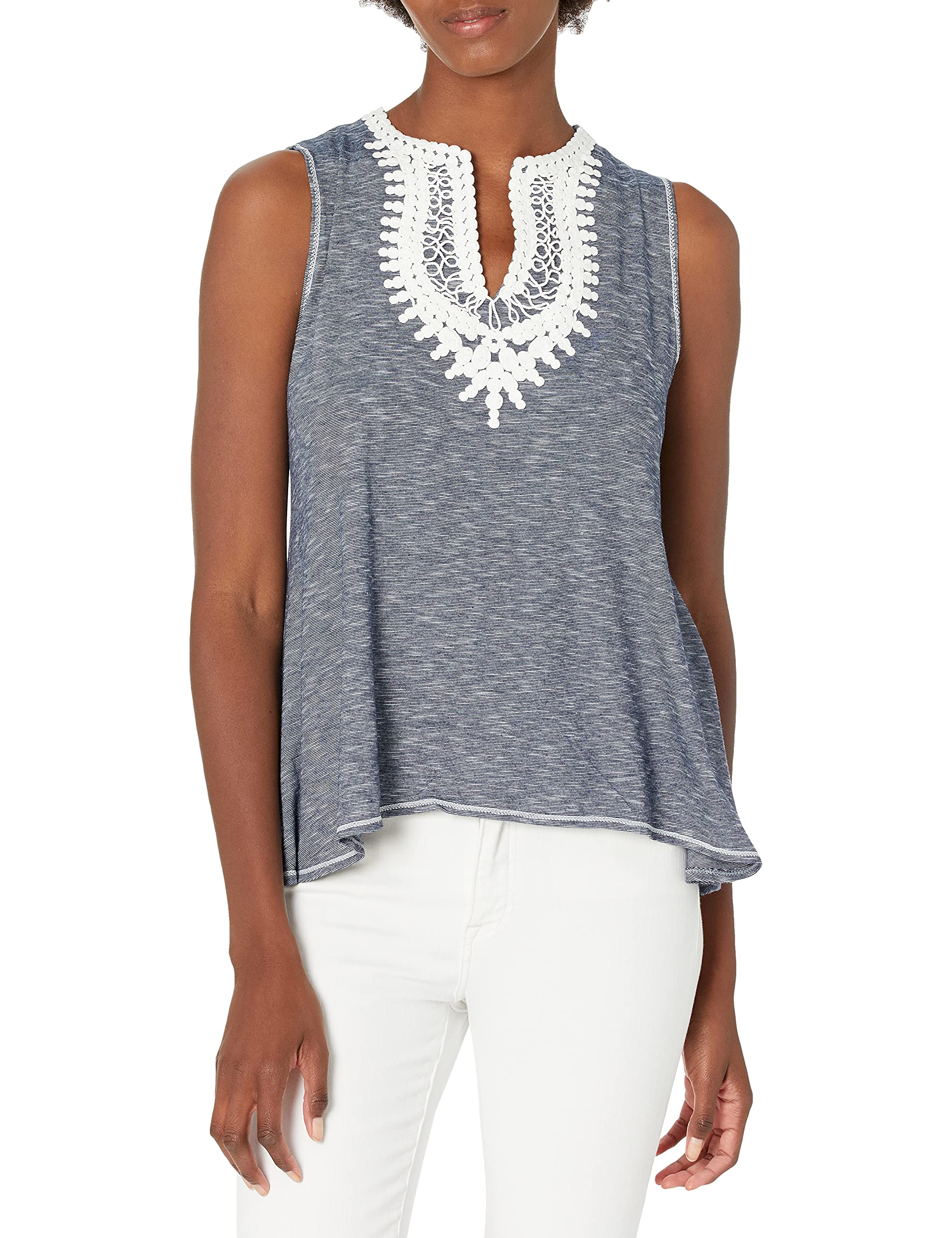 Max Studio Women's Crochet Trim Sleeveless Blouse - Summer Boho Chic Tunic Top for Beach, Vacation & Casual Outings