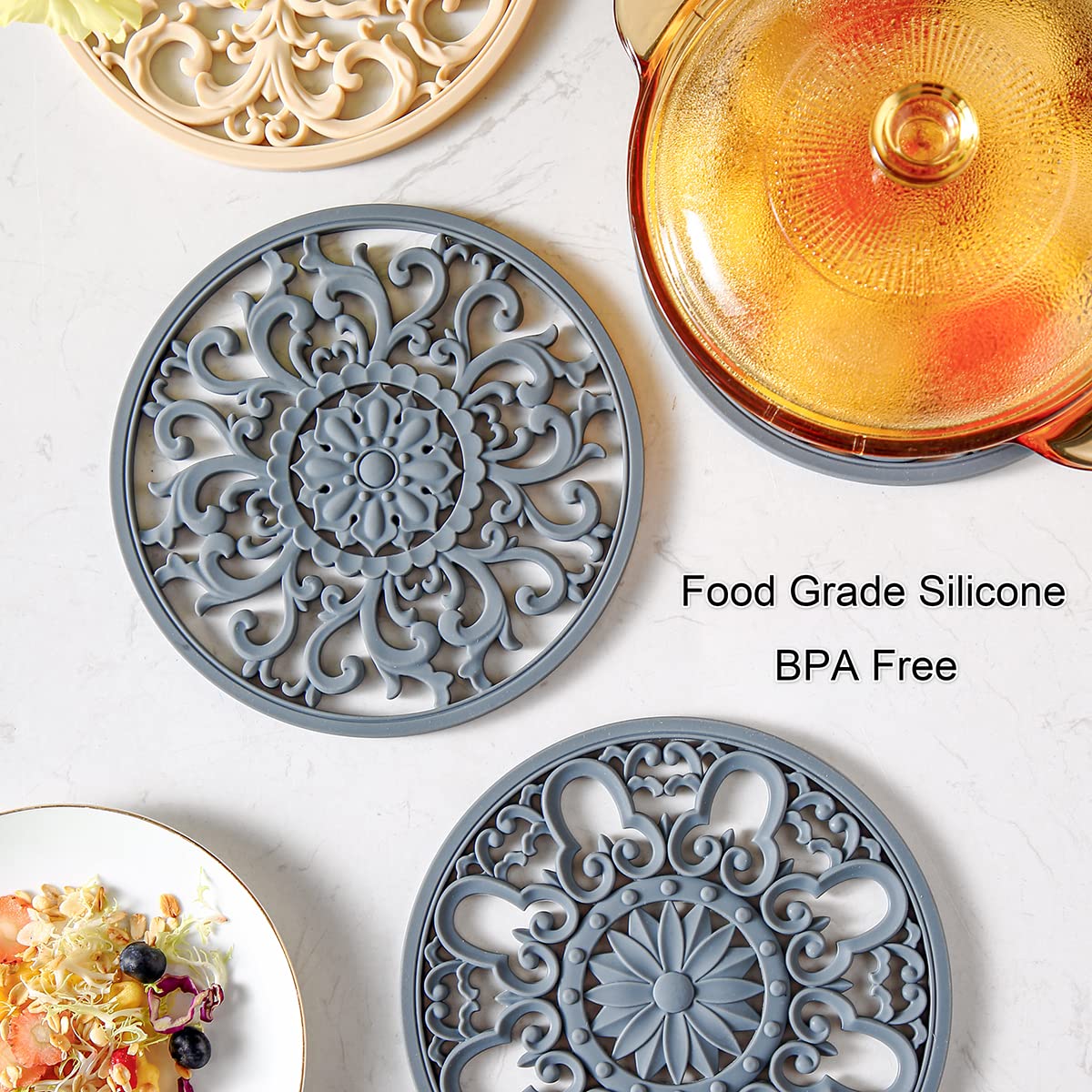 Premium Extra Thick Silicone Trivet Mats (Set of 3) - Heat Resistant Hot Pot Holders & Pan Protectors for Kitchen Countertops & Tables | Beige Kitchen Decor Accessories | Ideal for Serving Dishes, Baking, and Dining Protection
