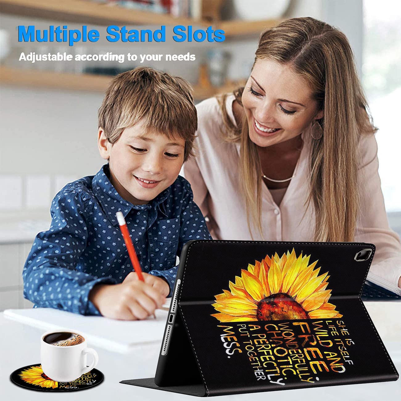 Shockproof iPad Case for iPad 10.2 (8th/7th Gen 2020/2019) & iPad Air/Pro 10.5 inch - Durable Protective Cover with Sunflower Design & Coasters Set | Perfect for Work, Travel and Home Use