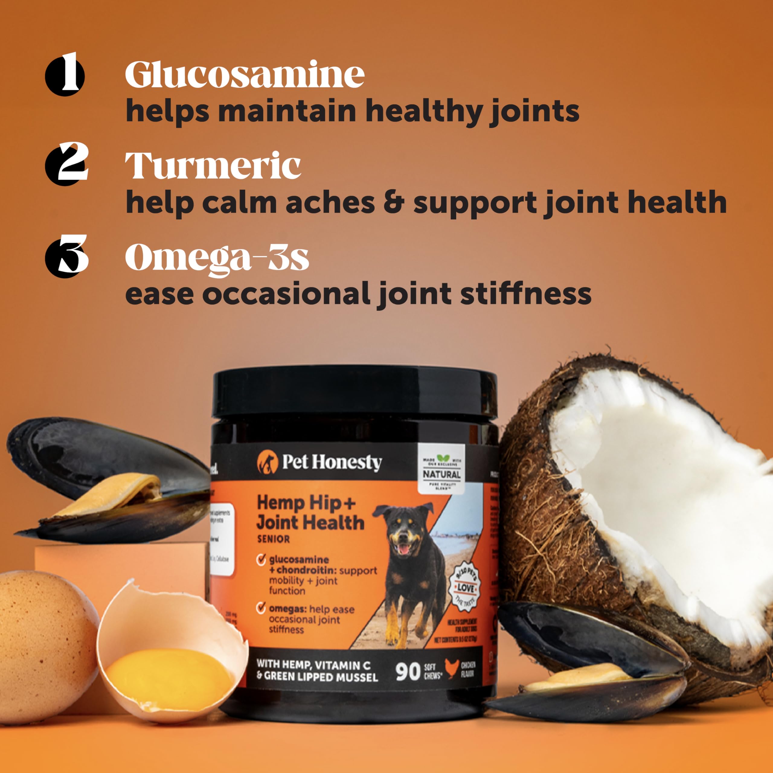 Pet Honesty Senior Hemp Hip & Joint Support for Dogs - Glucosamine, Collagen & MSM Supplement with Green Lipped Mussel - Helps Mobility & Discomfort in Aging Dogs - Peanut Butter Flavor (90 Count) - Perfect for Senior Dogs with Joint Stiffness & Daily Movement Support