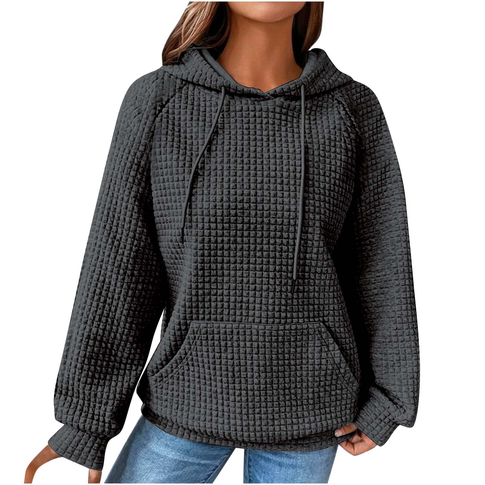 Stessotudo Women's Casual Waffle Hoodie - Long Sleeve Drawstring Comfy Sweatshirt, Solid Color Loose Fit Fashion Pullover for Fall 2023 | Perfect for Coffee Dates, Weekend Errands & Cozy Layering