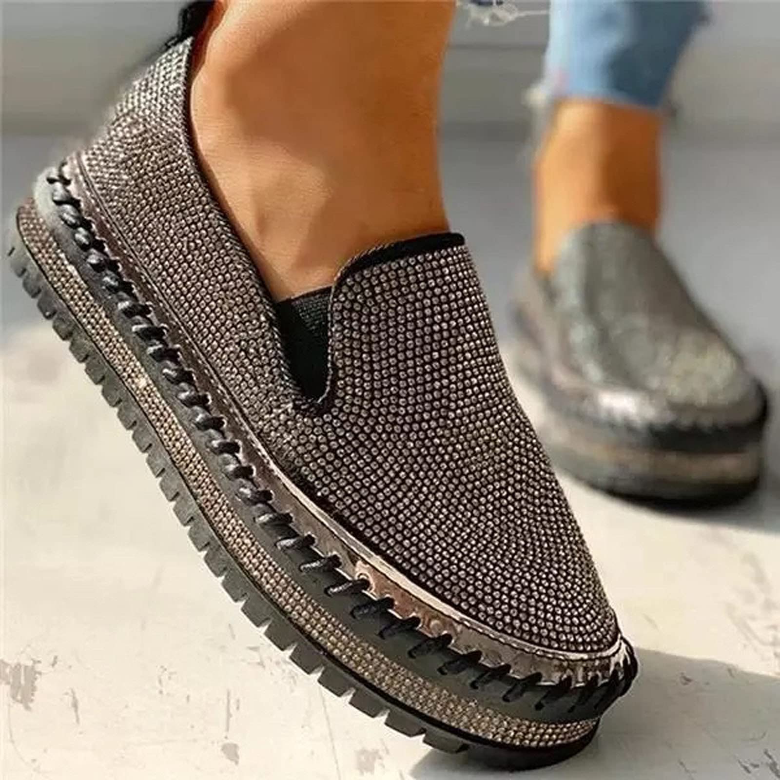 Women's Rhinestone Slip-On Sneakers - Round Toe Low Cut Platform Shoes with Thick Sole for Walking, Skating & Casual Wear | Comfortable & Stylish Flats for Everyday Use