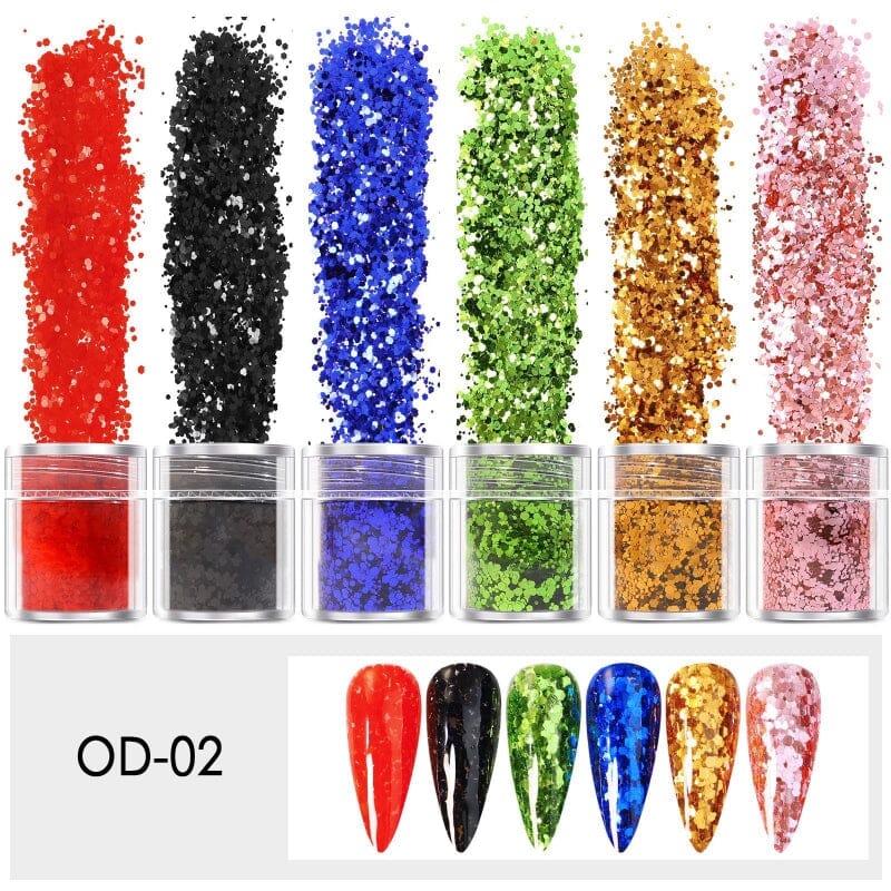 6-Piece Mixed Color & Shape Nail Art Glitter Set - Shimmering Jars for DIY Manicures, Acrylic Nails & Party Makeup