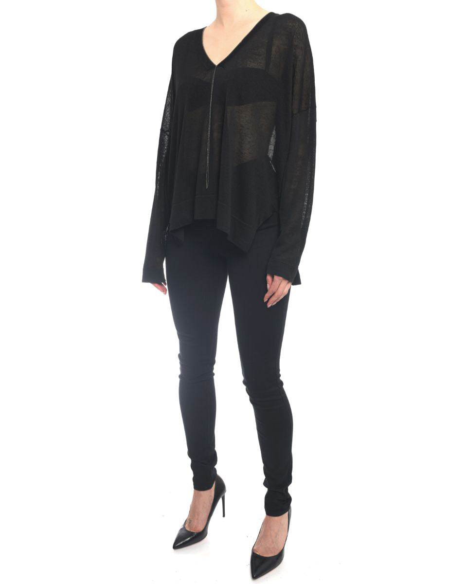 Brunello Cucinelli Black Oversize Sheer Knit Bead Sweater for Women - Elegant Loose Fit Pullover with Beaded Details | Perfect for Evening Parties, Date Nights & Holiday Gatherings