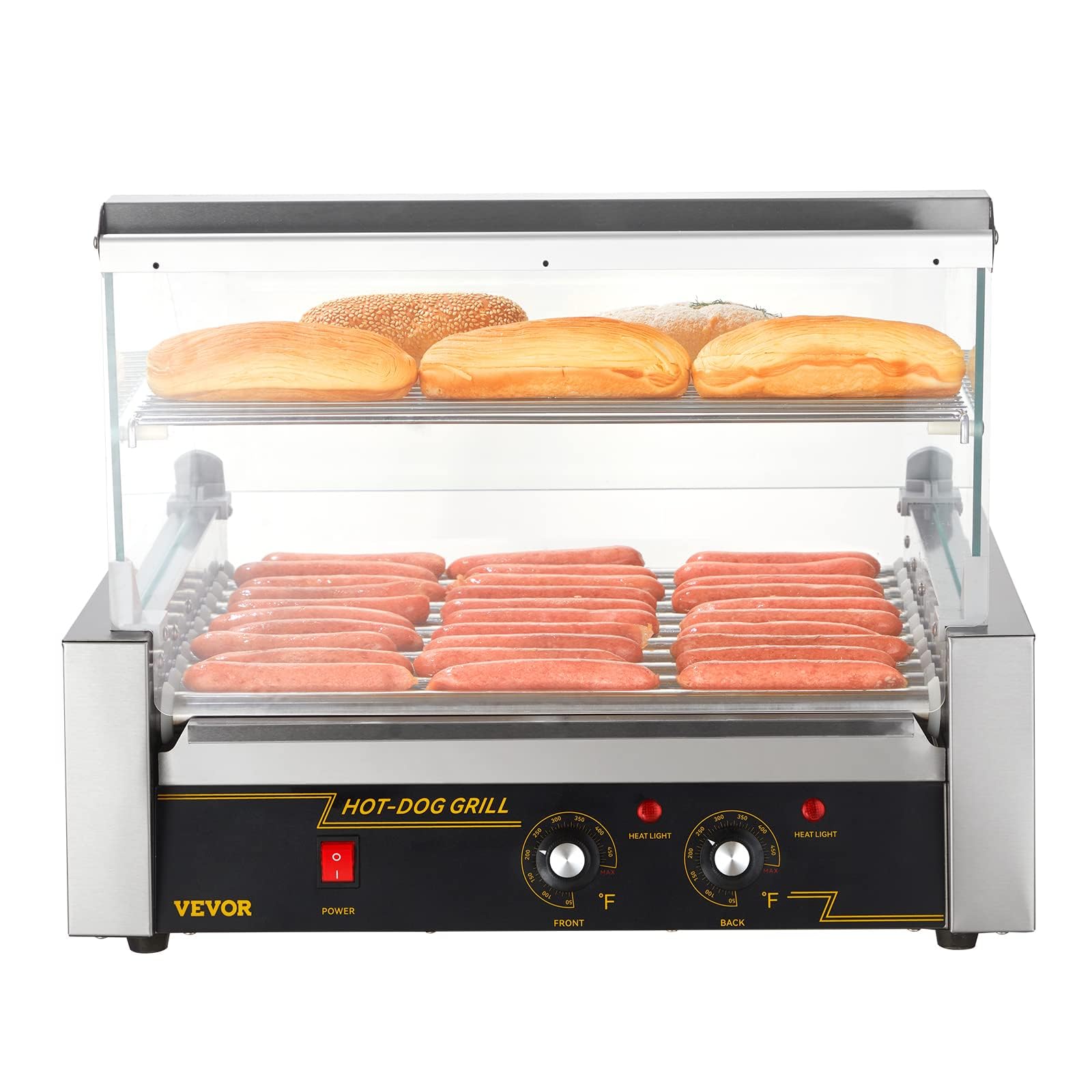 VEVOR Commercial Hot Dog Roller Machine - 30 Hot Dog Capacity, 11 Stainless Steel Rollers, 1800W Electric Sausage Grill with Cover, Dual Temperature Control, LED Light & Removable Drip Tray - Perfect for Restaurants, Food Trucks, Cafeterias, and Home Kitchens