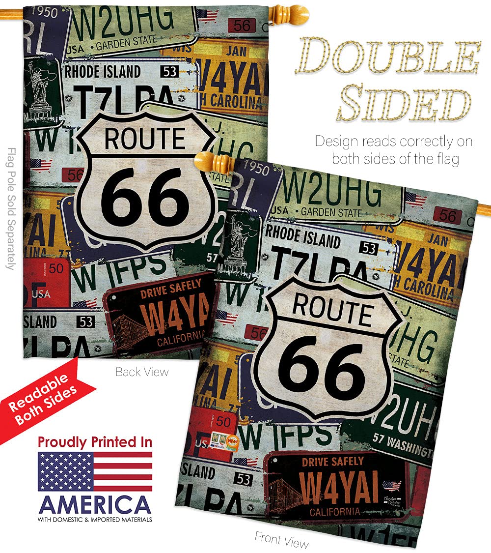 Route 66 Americana House Flag Set with Dowel - Double-Sided 28x40 Inch US Historic Decorative Yard Banner - Perfect for July 4th, Memorial Day, Veterans Day & Patriotic Home Decor - Made in USA