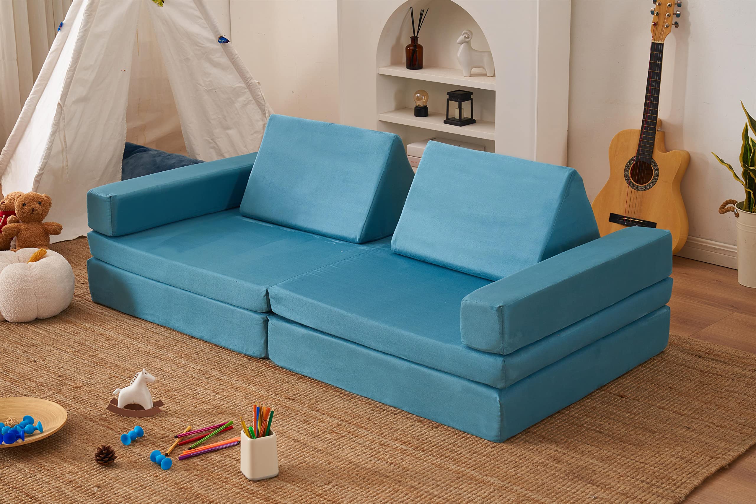 Jela Kids Couch Extended Size 8PCS Modular Play Sofa for Family - Light Blue Foam Furniture for Kids & Adults, 66