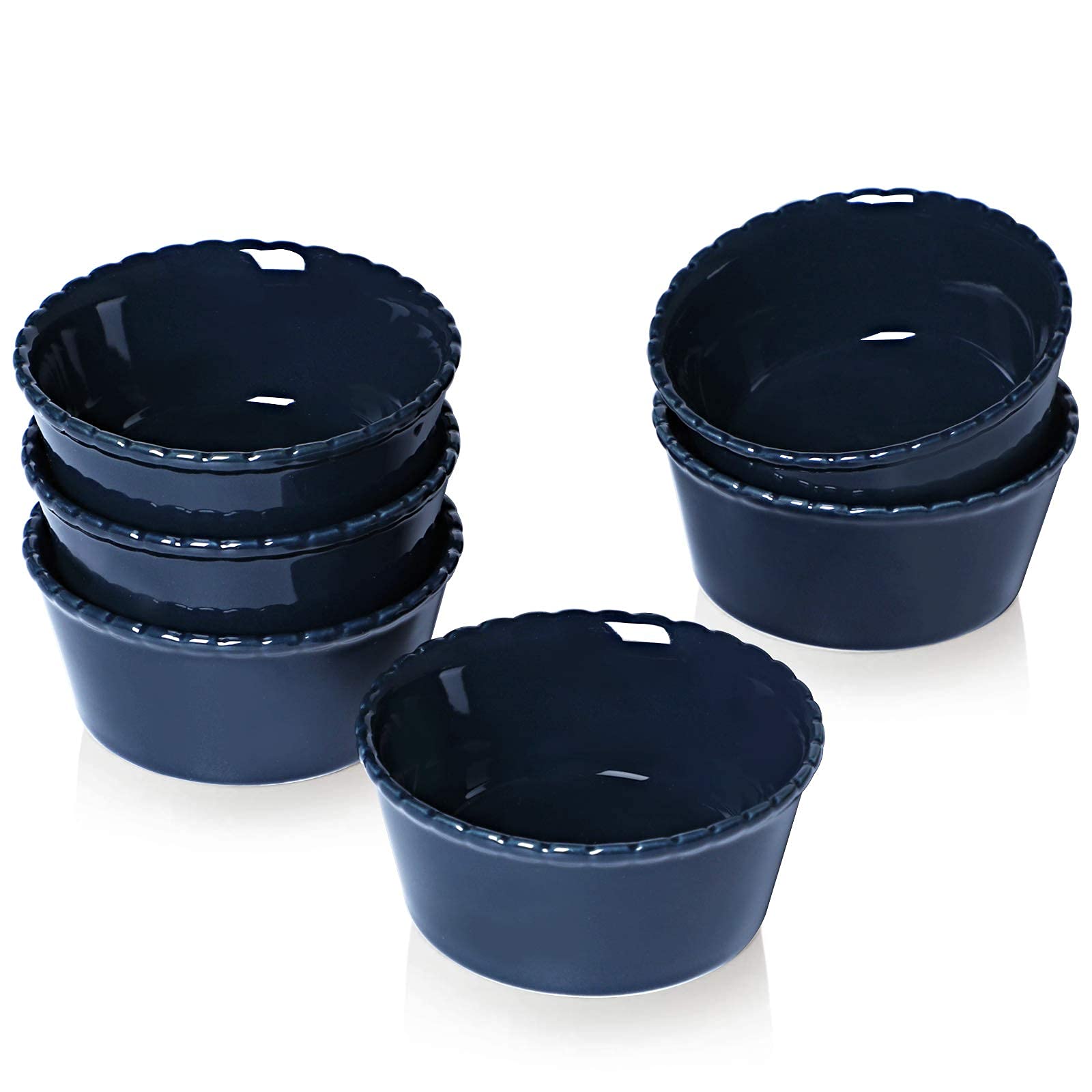 ONTUBE 6-Piece Ceramic Souffle Dishes Set, 4oz Porcelain Ramekins for Baking, Desserts & Custards - Navy Blue | Perfect for Crème Brûlée, French Onion Soup & Individual Desserts