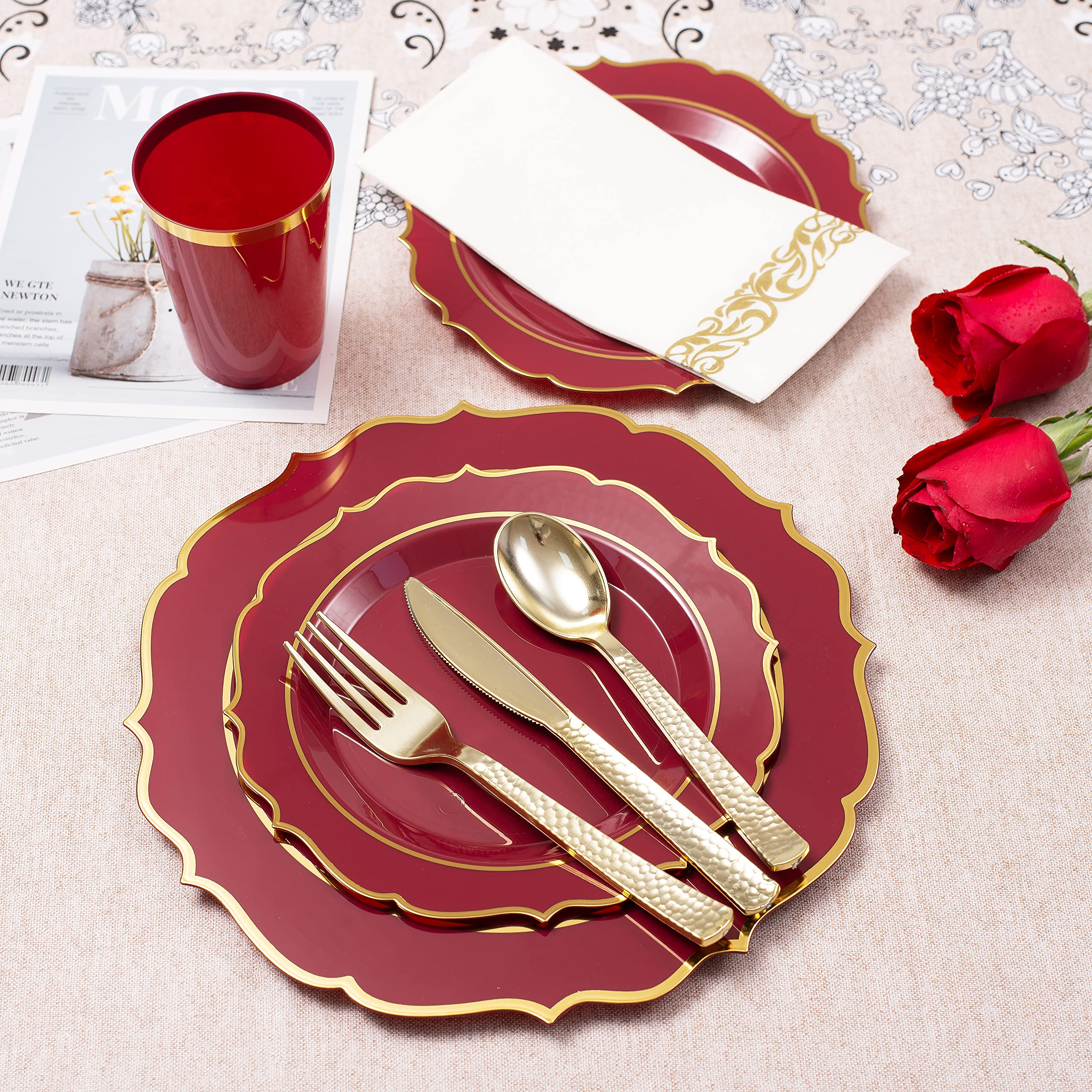 Elegant Burgundy Disposable Plastic Plates - 50 Maroon Dinner Plates, 25 Red 10oz Cups, 75 Gold Cutlery Set & 25 Gold Napkins for Wedding, Party, Thanksgiving, Easter & Holiday Celebrations - Premium Disposable Tableware for Elegant Events & Gatherings