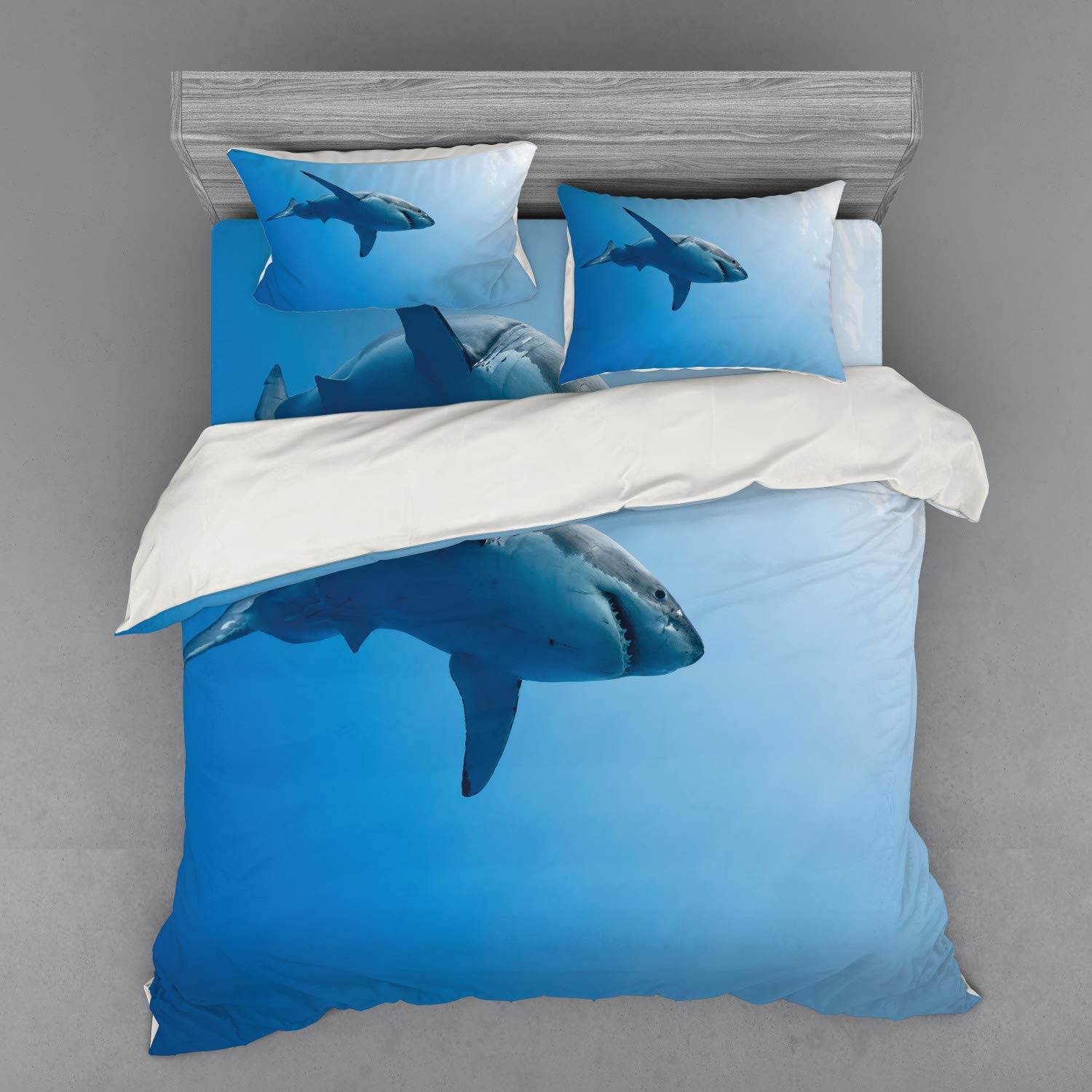 Ambesonne Shark Duvet Cover Set King Size - 4 Piece Ocean Underwater Theme Bedding with Shams & Fitted Sheet, Pale Blue Tropical Fish Print - Perfect for Kids' Rooms, Beach House Decor & Shark Lovers
