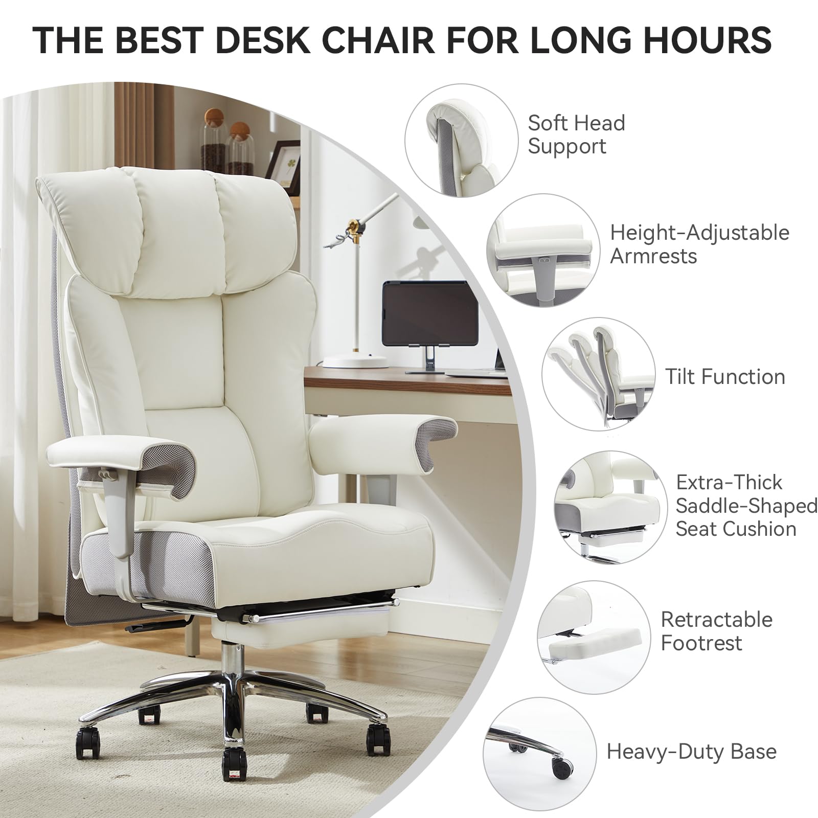 Efomao Big and Tall Office Chair 450lbs - Heavy Duty Ergonomic Executive Desk Chair with Adjustable Footrest & High Back Support - White PU Leather Computer Chair for Home Office, Gaming, and Workspaces