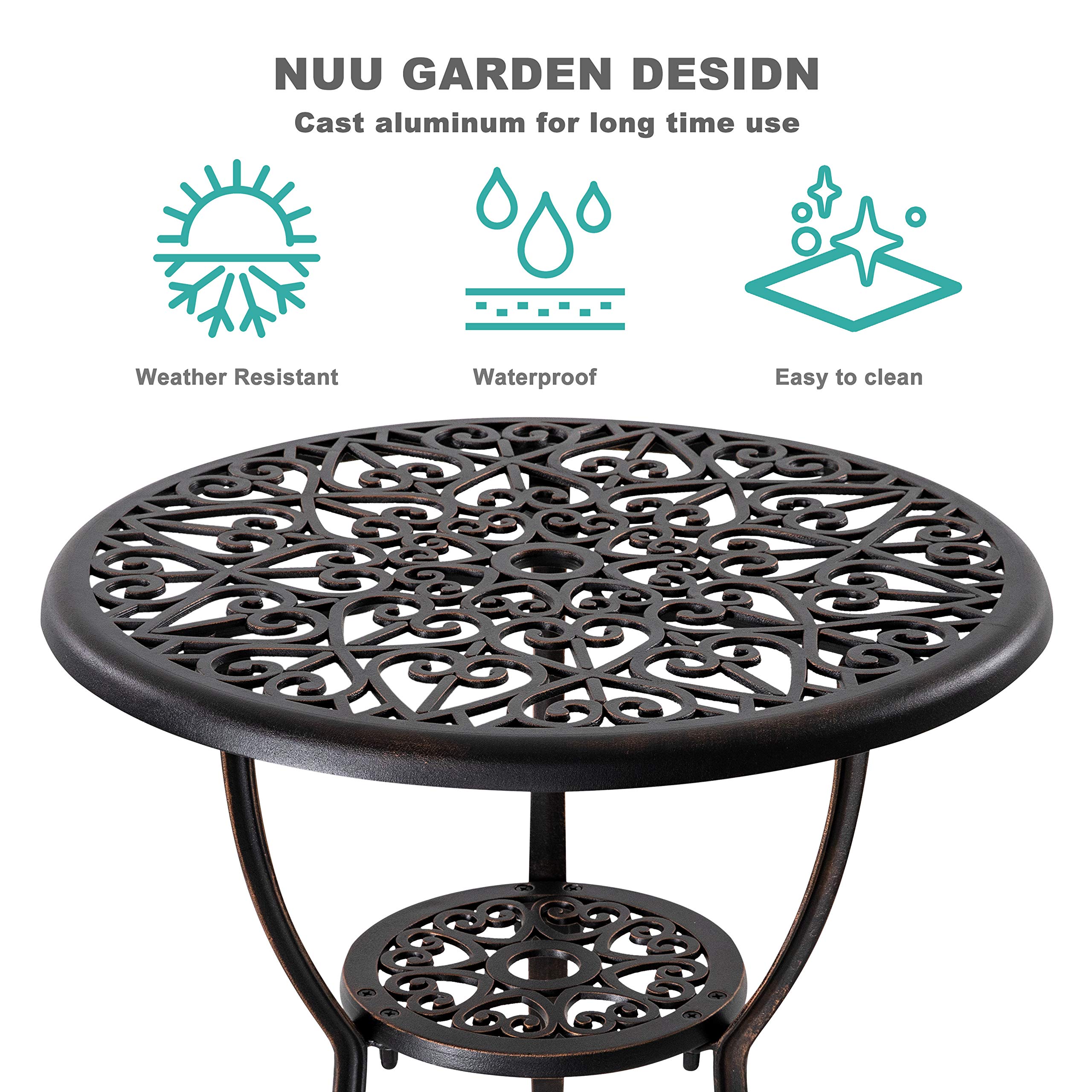 NUU GARDEN 3-Piece Outdoor Bistro Set - Rustproof Cast Aluminum Patio Table and Chairs with Umbrella Hole - Perfect for Backyard, Balcony, Front Porch, Garden & Poolside (Black)