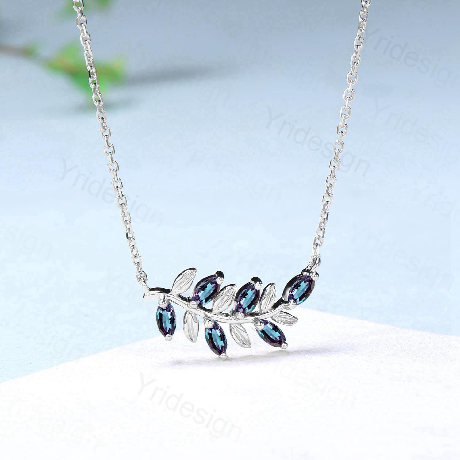 Alexandrite Necklace with Color-Changing Marquise Leaves Pendant - Nature Inspired Branch Guard Jewelry for Women | Elegant Anniversary Gift for Her | Perfect for Weddings, Date Nights & Special Occasions