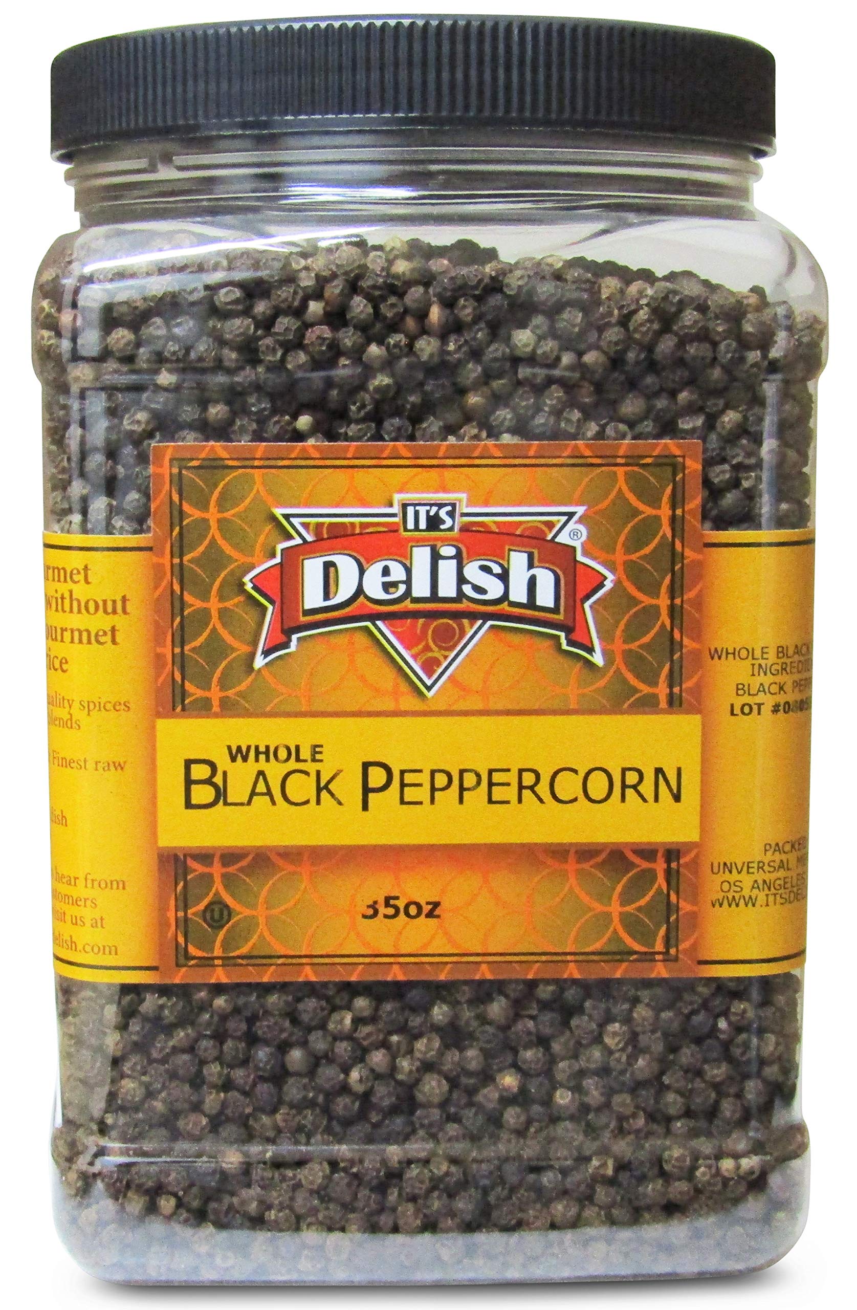 Premium Whole Black Peppercorns by It's Delish – 35oz Jumbo Reusable Container – All Natural Kosher Fresh Dried Peppercorns for Pepper Grinder Refill – Perfect for Cooking, Seasoning & Gourmet Dishes