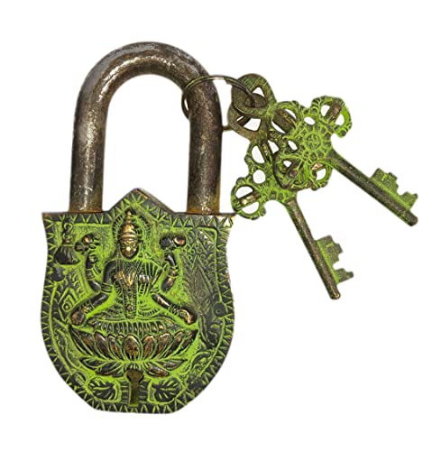 Vintage Brass Lakshmi Maa Design Lock - Handmade Antique Door Security Lock with 2 Keys - Collectible Home Decor for Pooja Room, Temple & Traditional Indian Doors