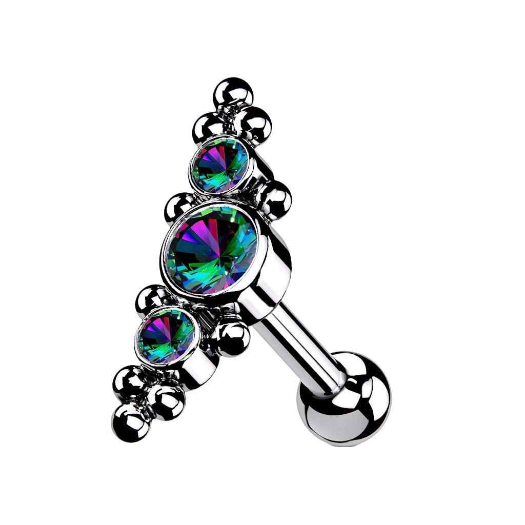 Implant Grade Titanium Threadless Push-In Cartilage Barbell - 3 Bezel Set CZ Stones & Ball Clusters | Body Jewelry for Ear, Nose, Septum Piercing | Hypoallergenic & Durable for Everyday Wear