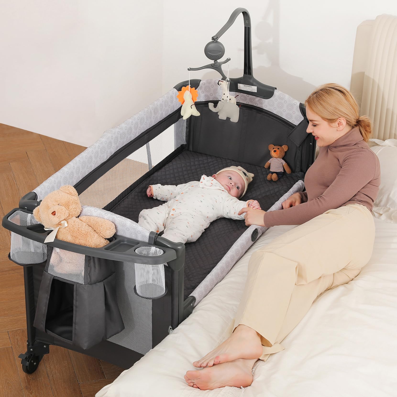 ELEMARA 4-in-1 Wide Baby Bassinet Bedside Sleeper with Diaper Changer | Adjustable Height Crib with Mattress, Sheet, Music & Blackout Cover | Playpen Travel Bed with Storage | XL Co-Sleeper for Newborns | Perfect for Nursery, Bedroom & Travel Use