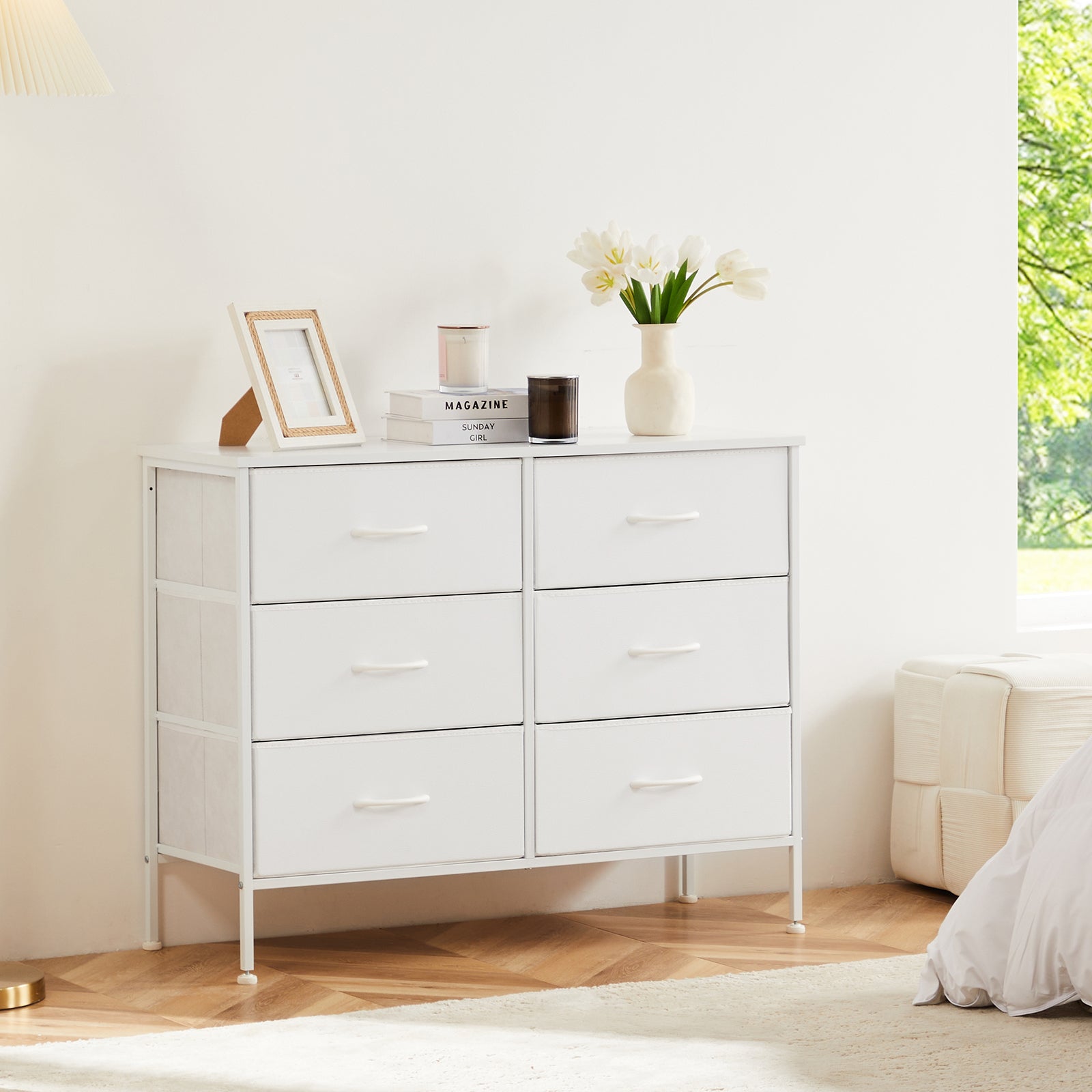 6-Drawer Wide Fabric Dresser for Bedroom with Metal Frame & Wooden Top - TV Stand, Clothes Storage Organizer for Master Bedroom, Guest Room & Dormitory