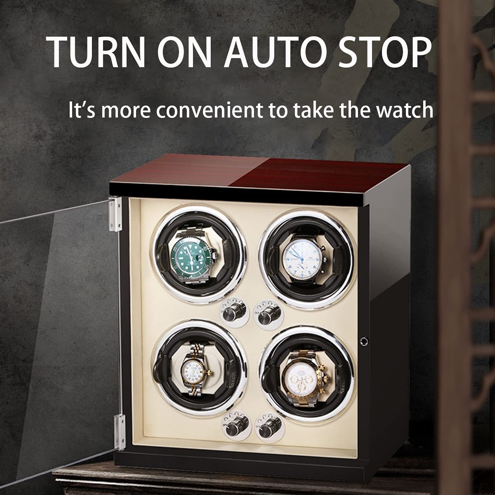 4 Automatic Watch Winder Display Box with LED Lights & Quiet Japanese Mabuchi Motor - Adjustable Watch Pillows for Men & Women - Perfect for Watch Collection Storage & Display at Home/Office