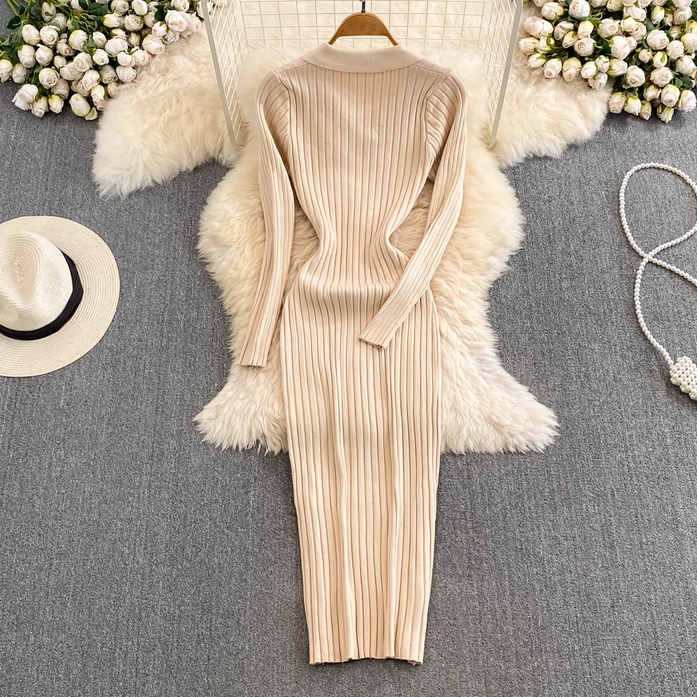 Women's Long Sleeve V-Neck Knit Dress for Fall & Winter - Mid-Length Pullover Sweater Dress for Casual Wear, Office, Date Night and Holiday Parties