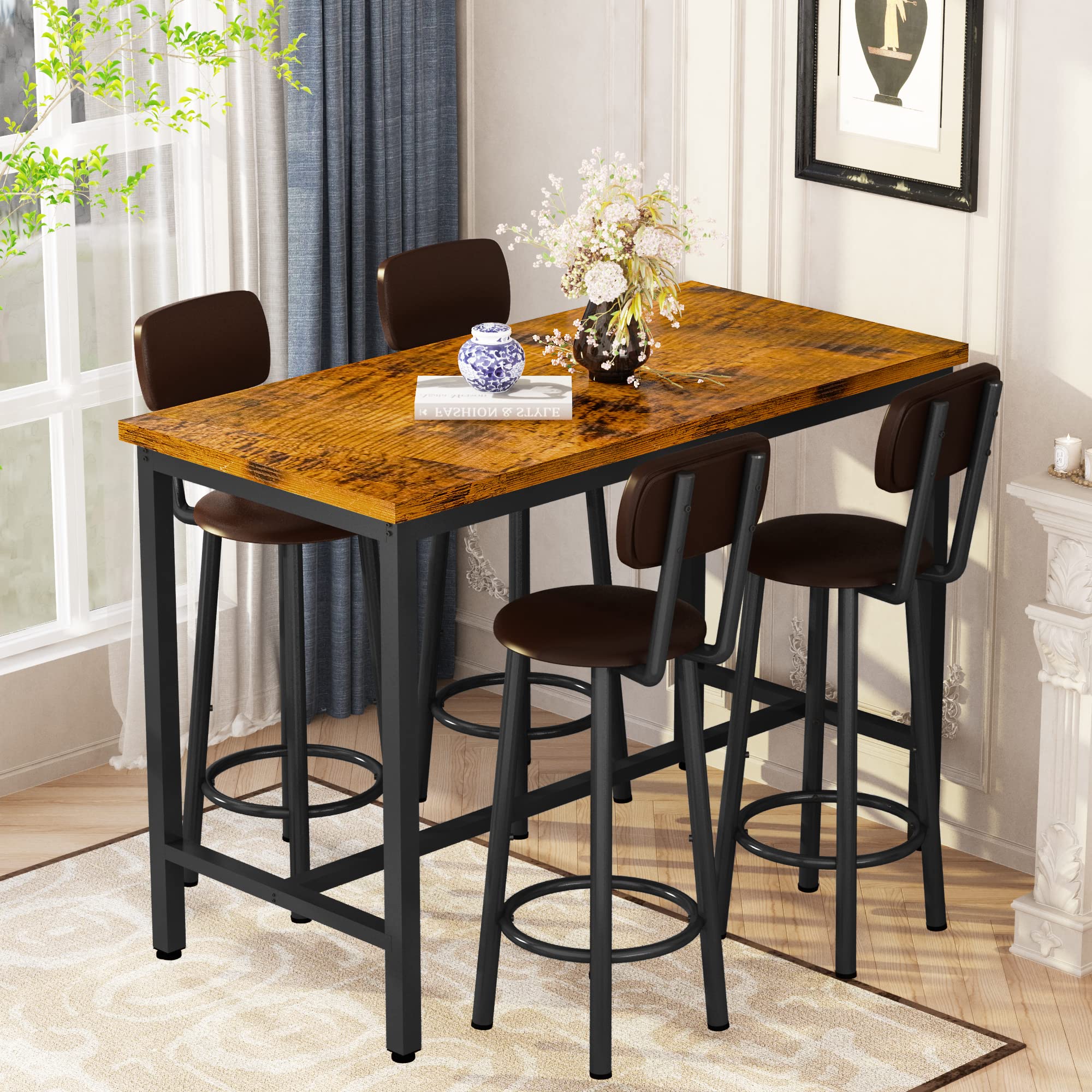 **Industrial Counter Height Dining Table Set for 4 with PU Upholstered Stools - Rustic Brown Kitchen Pub Table for Small Spaces, Restaurants & Home Use | Perfect for Compact Kitchens, Breakfast Nooks & Entertaining**