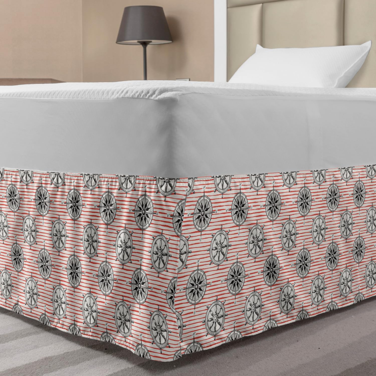 Ambesonne Nautical Bed Skirt - Ocean Themed Hand-Painted Ship Wheel & Sea Compass Design with Pink Stripes | Elastic Dust Ruffle Wrap for Full Size Beds | Perfect for Beach House Decor, Coastal Bedroom Styling & Nautical Theme Bedding