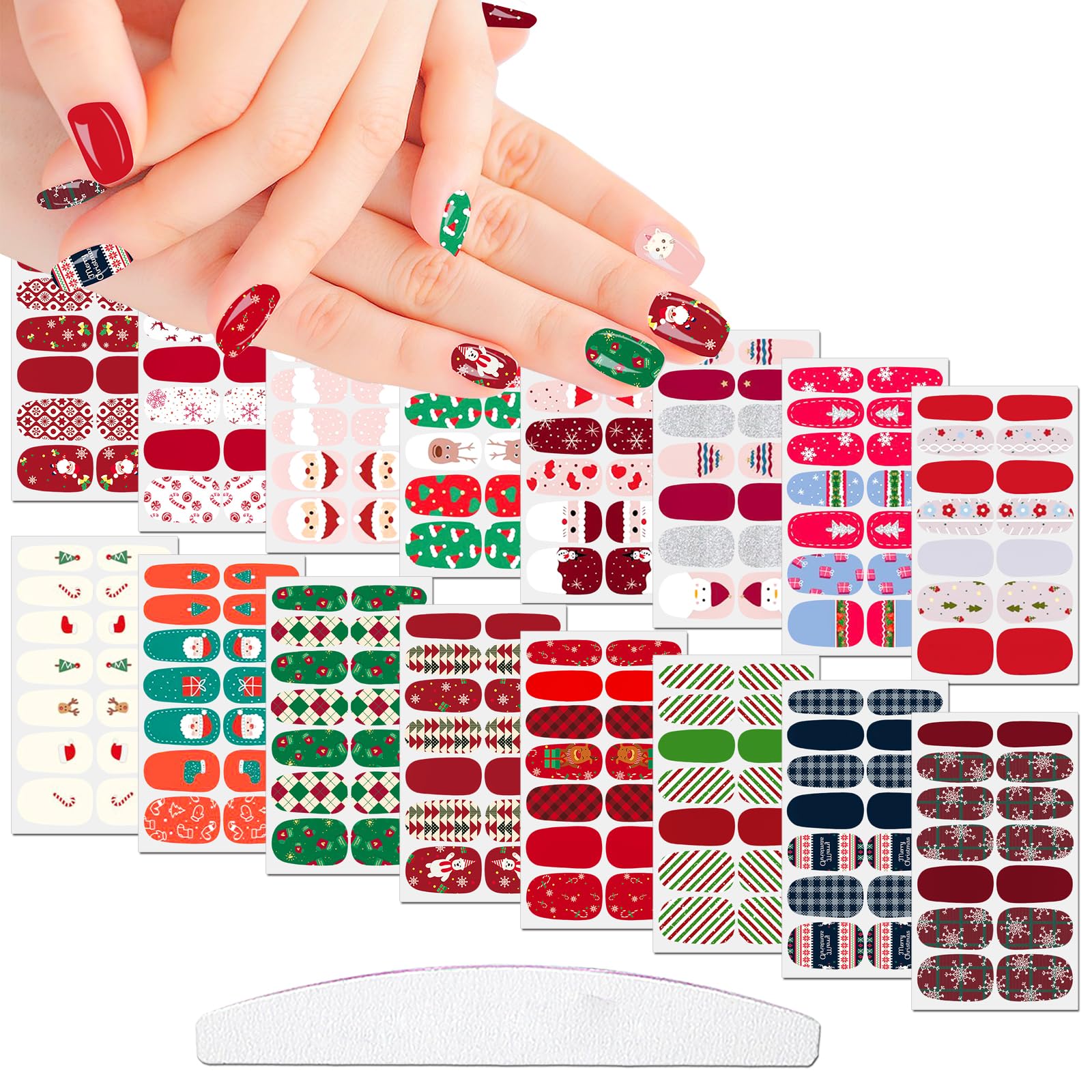 16 Sheets Christmas Nail Polish Strips - Santa Claus & Christmas Tree Design - Holiday Nail Art Wraps for Women with Nail File - Perfect for Christmas Parties, Gift Giving & Festive Nail Decorations