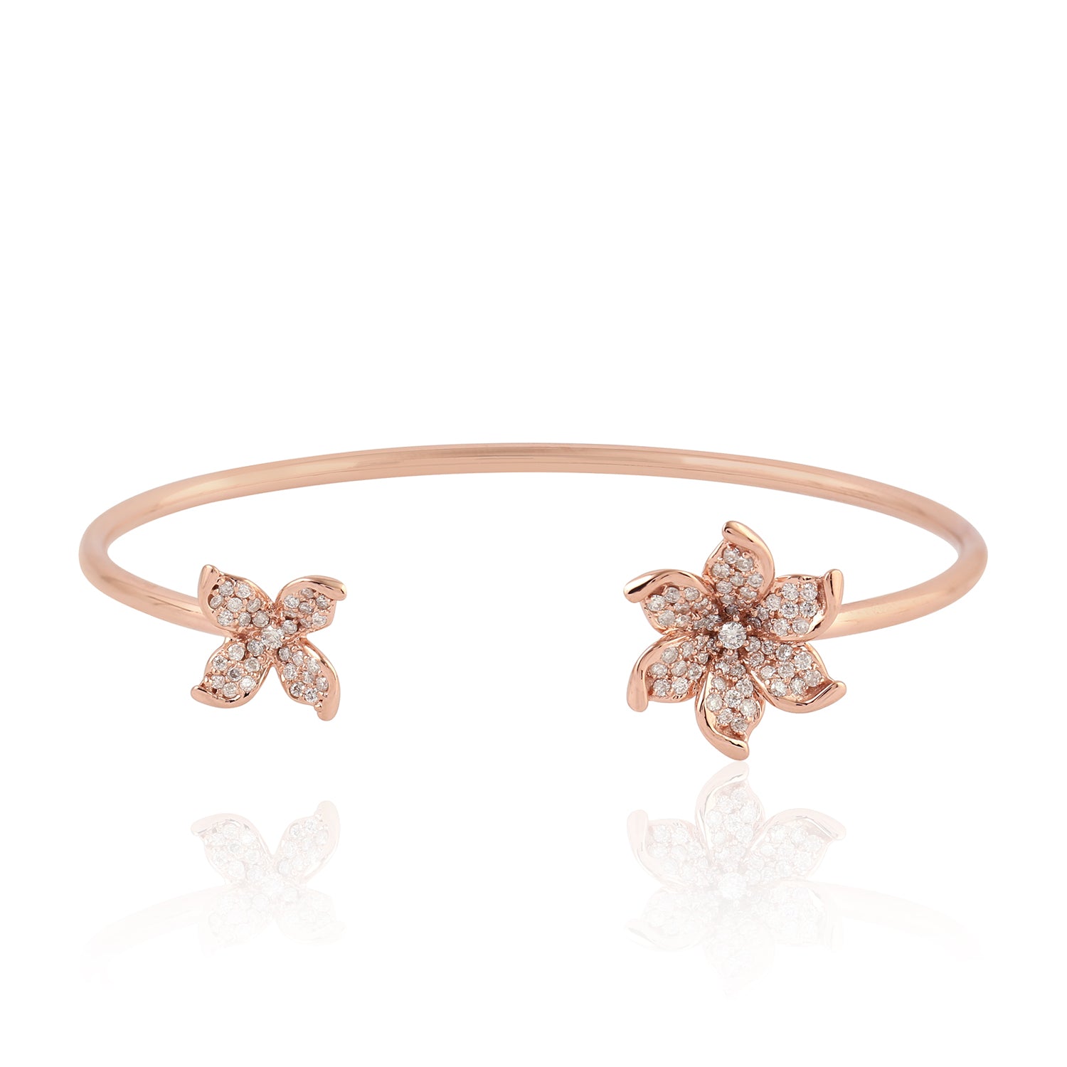 18k Rose Gold Micro Pave Diamond Daisy Open Cuff Bracelet - Elegant Floral Jewelry for Women, Perfect for Weddings, Anniversaries & Special Occasions