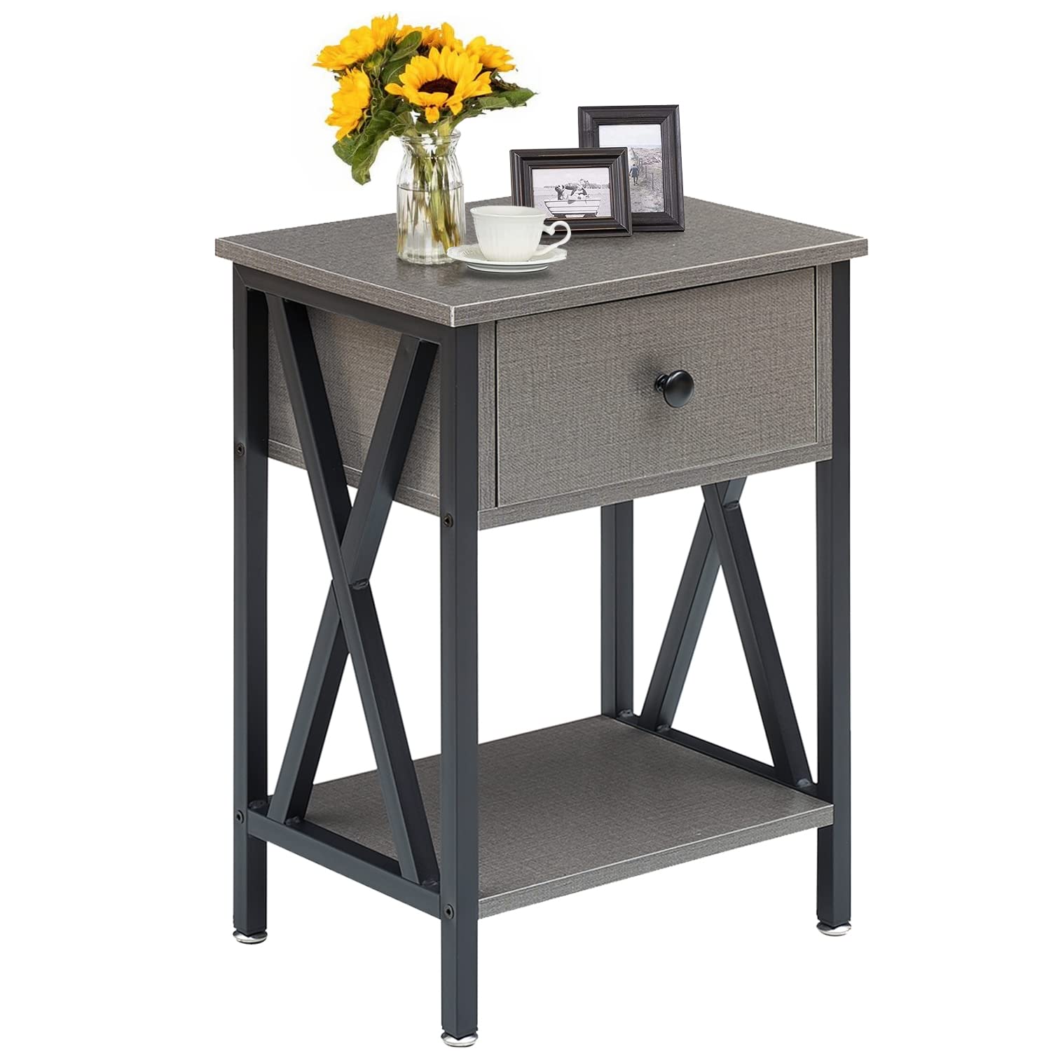 VECELO Modern Grey Nightstand with Drawer & Storage Shelf - Bedside End Table for Bedroom, Living Room, Office & Lounge - Sturdy & Stylish Night Stand for Small Spaces & Apartment Decor