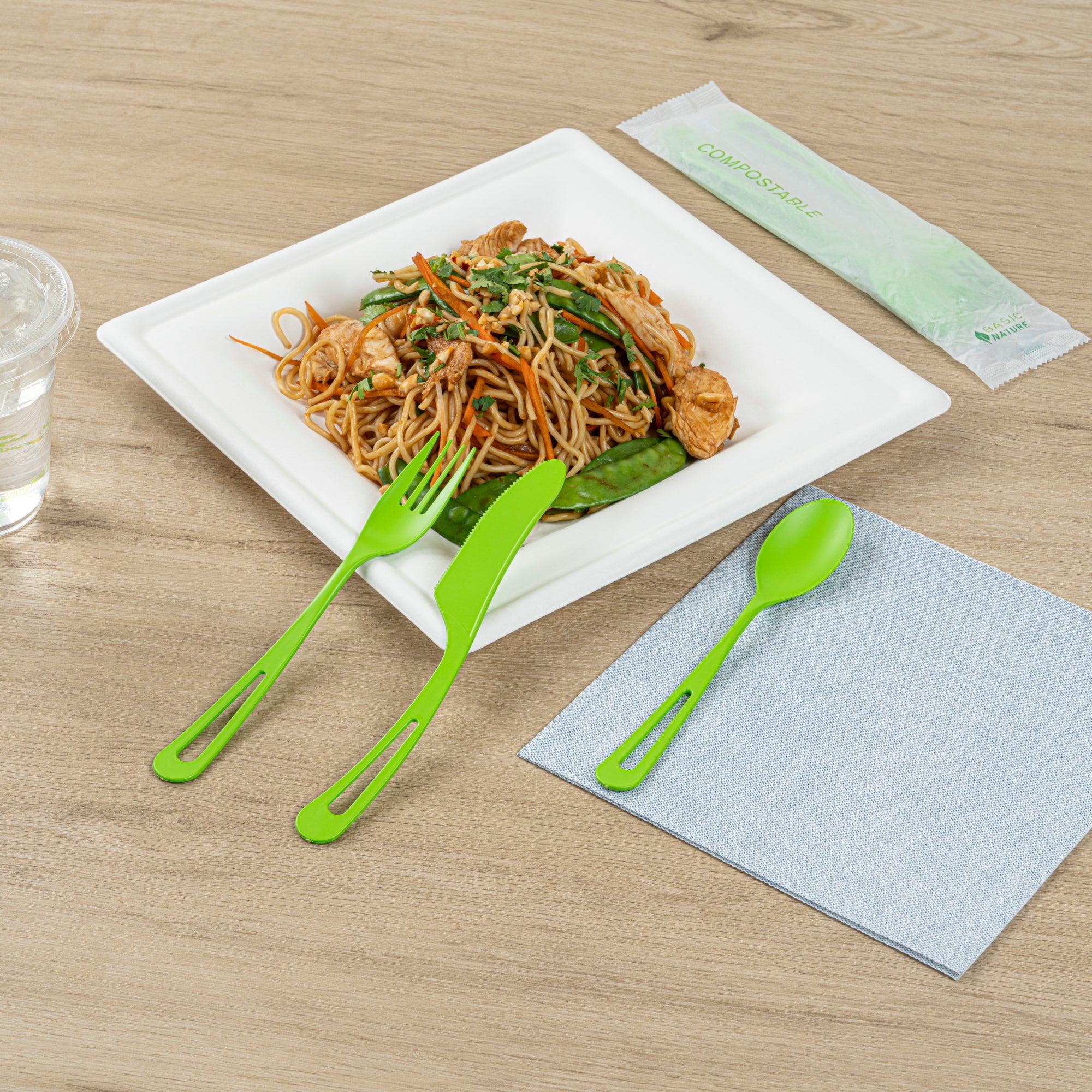 Eco-Friendly Green CPLA Plastic Cutlery Set - 100-Piece Compostable Cutlery with Heat-Resistant Wrapper (7.5
