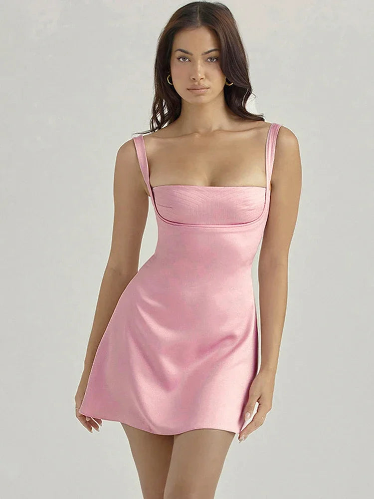 Elegant Pink Satin A-Line Mini Dress for Women - Sexy Spaghetti Strap Party Dress with Stretch Fit | Perfect for Birthday, Graduation, Holiday & Cocktail Events