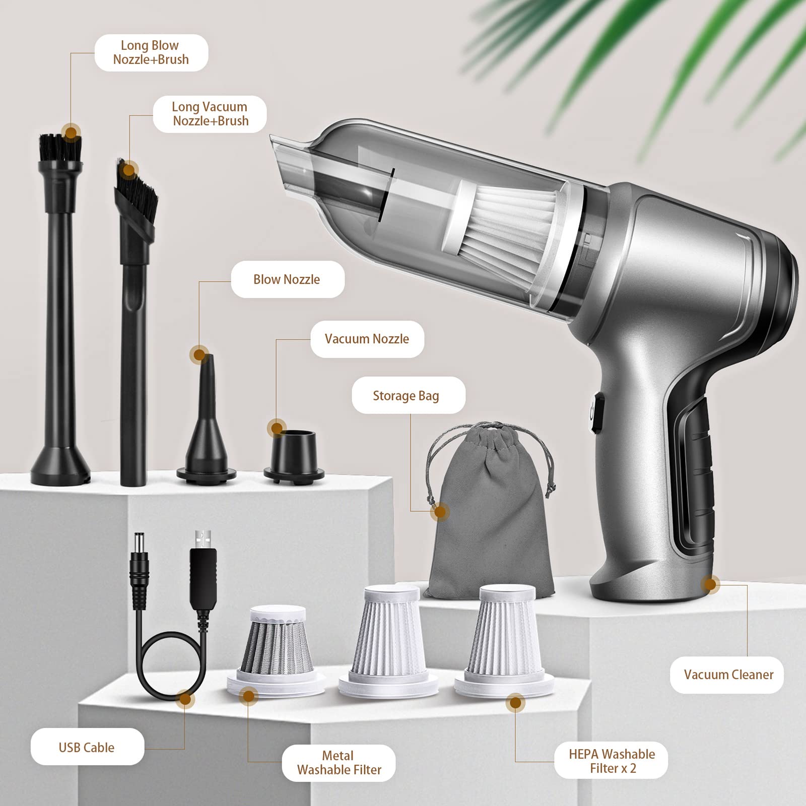 High Power Mini Car Vacuum Cleaner - 3 in 1 Handheld Portable Vacuum with 3 Washable Filters & Strong Suction | Perfect for Car Detailing, Home Cleaning, Keyboard Dusting & Office Maintenance