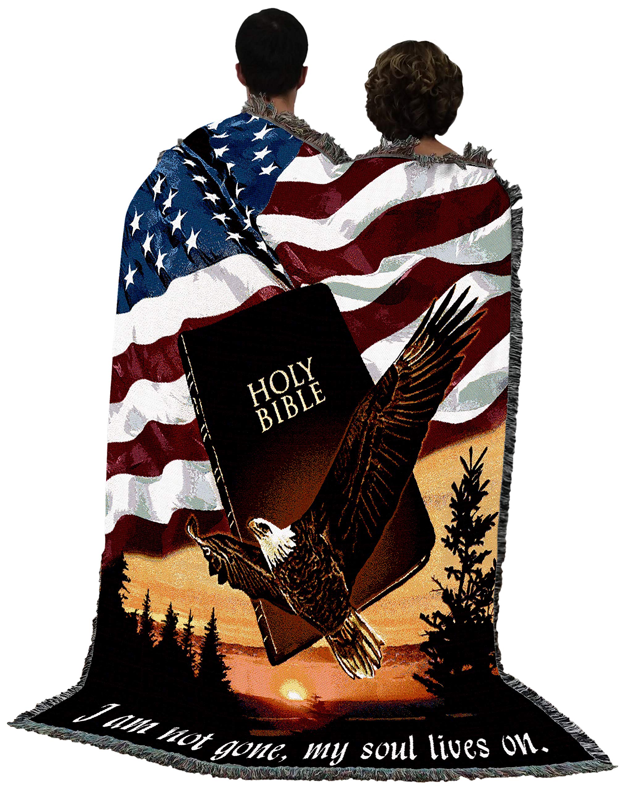 Pure Country Weavers 'I Am Not Gone My Soul Lives On' Memorial Blanket - Bible & Eagle Flag Sympathy Gift, Cotton Woven Bereavement Throw - Made in USA (72x54) - Perfect for Comforting Loved Ones, Funeral Services & Home Memorial Displays