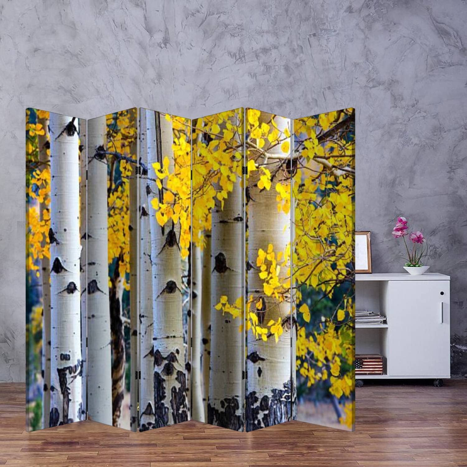 6-Panel Wooden Room Divider with Aspen Tree Autumn Design - Dual-Sided Folding Privacy Screen, Canvas Partition Panels for Indoor Spaces | Perfect for Home Office, Bedroom Separation & Decorative Wall Display