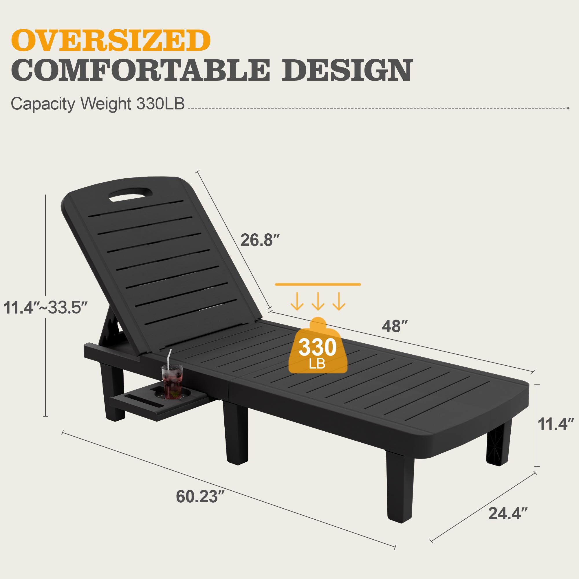 UDPATIO Oversized Waterproof Resin Pool Lounge Chairs Set of 2 - Adjustable Backrest Outdoor Chaise Lounge with Cup Holder Tray for Patio, Lawn, Beach, Backyard, Deck | Perfect for Sunbathing, Poolside Relaxation & Outdoor Lounging
