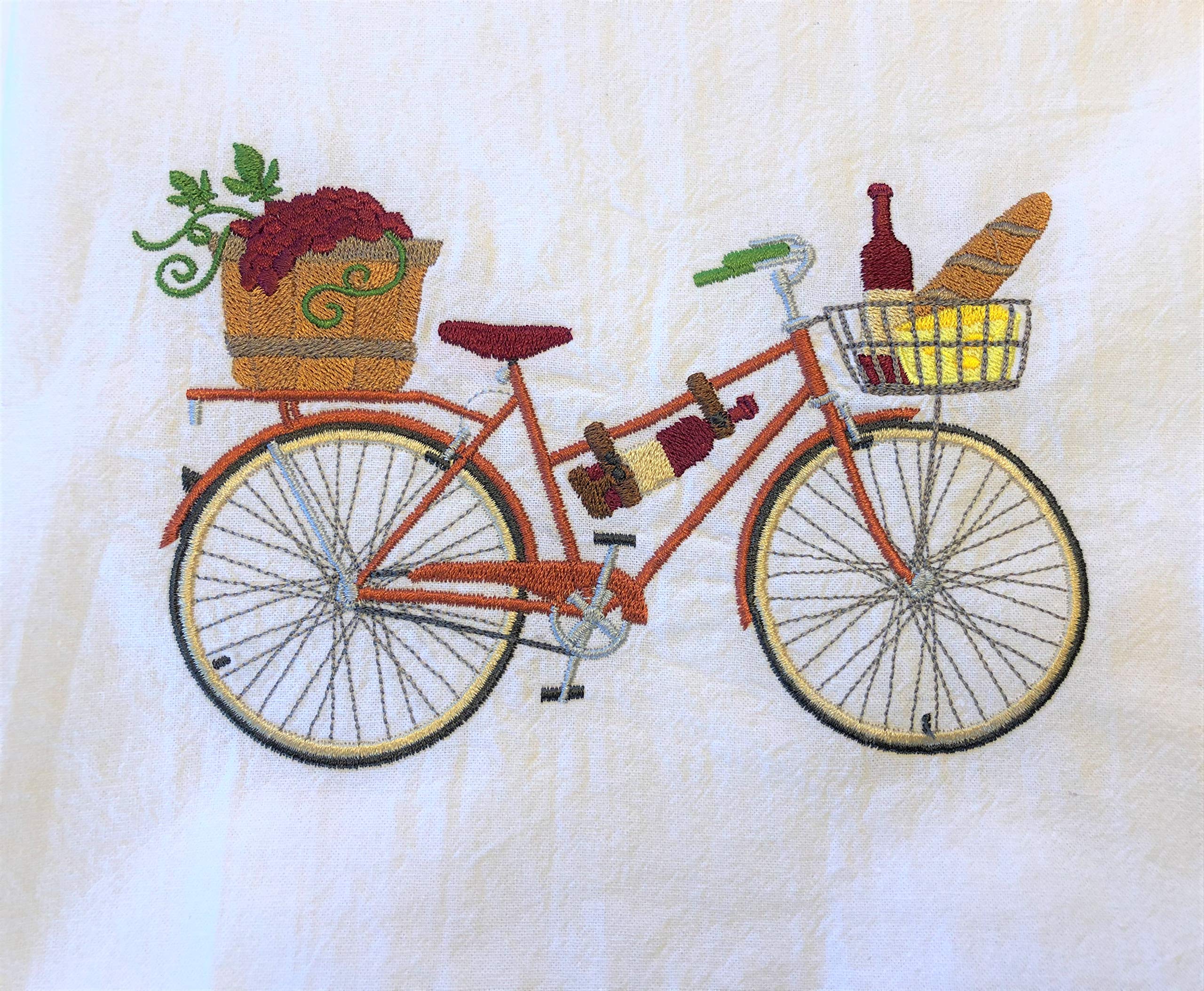 Wine O'Clock Embroidered Flour Sack Dish Towel - Vintage Bicycle with Grapes, Wine & Cheese Design - Machine Embroidered Kitchen Towel for Wine Lovers, Perfect for Wine Tasting Parties & Farmhouse Decor