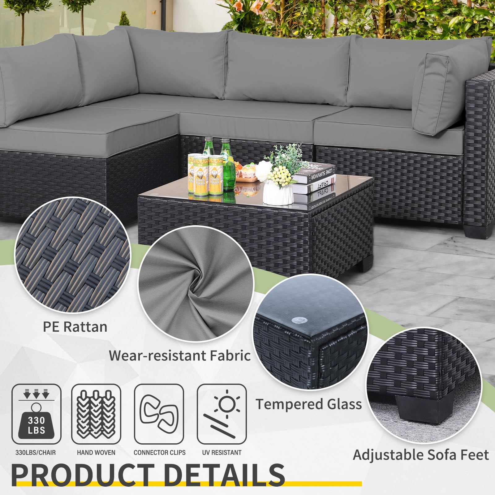Outdoor PE Wicker 5-Piece Patio Furniture Set - Black Rattan Sectional Sofa with Coffee Table & Gray Cushions - Perfect for Garden, Poolside, and Backyard Relaxation